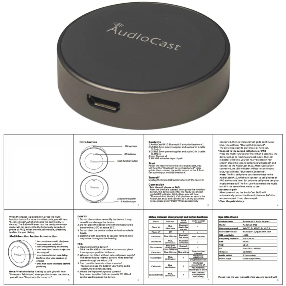 Hands-free автомобильный аудио-динамик беспроводной Bluetooth приемник Apt-X мини HiFi стерео