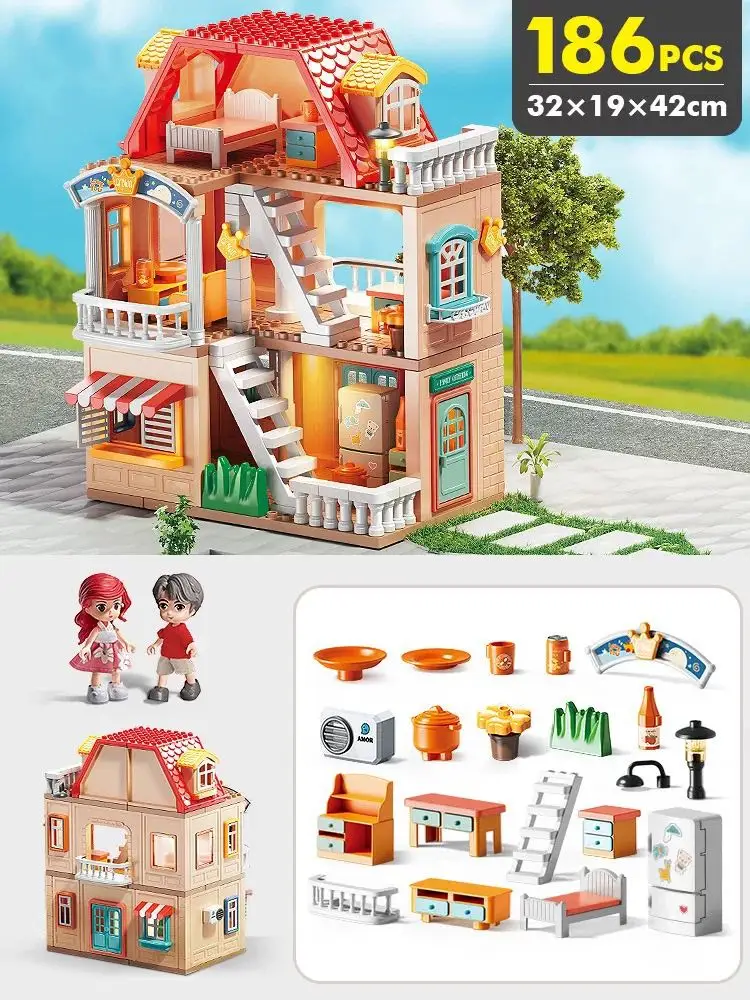 

New Hot 186 Particles+34 Fitting+2 Doll Big DollHouses Kit DIY Villa Castle Set Furniture Playroom Assembled Building Toy