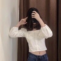 qweek elegant blouses women white crop top long sleeve shirt korean fashion corset top y2k aesthetic shirt cotton solid ulzzang