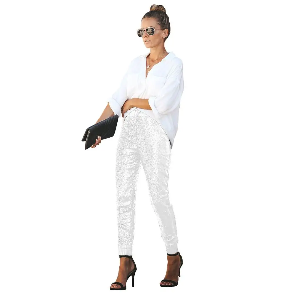 Женские эластичные брюки-карандаш из искусственной кожи с блестками размера