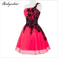 bealegantom lace black short homecoming dresses 2021 one shoulder crystals appliques bead mini graduation prom party gown