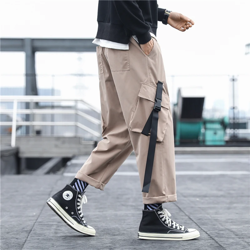 

Men Pants 2021 Short Style Men Japanese Streetwear Multi-Pocket Cargo Pants Mens Harajuku Ribbons Pants Sweatpants