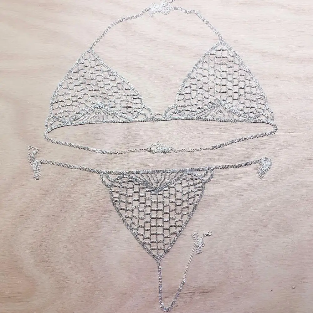 

Luxury Body jewelry bra and thong suit women's party shiny Rhinestone sling bra chain large body jewelry bikini accessories