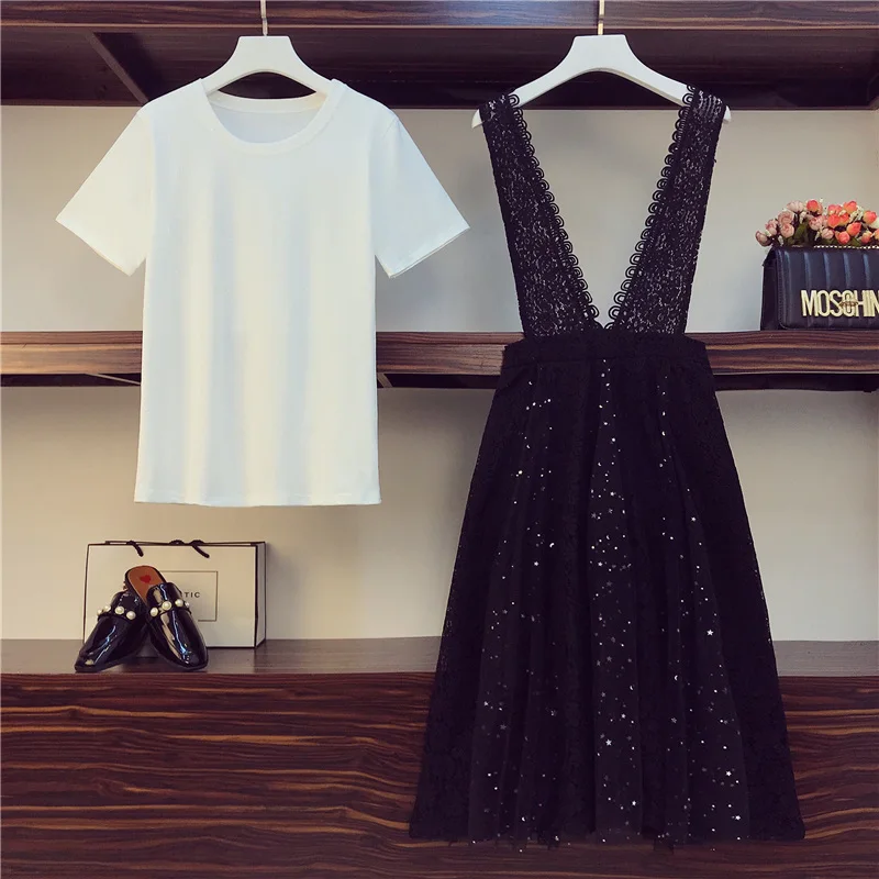 Женский блестящий комплект из 2 предметов белая футболка и юбка в Корейском стиле