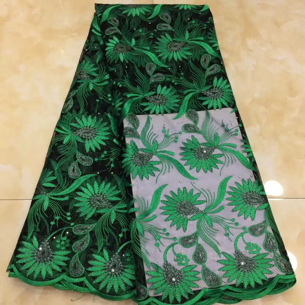 

Hot selling Nigerian lace fabrics high quality African net lace fabric with stones embroidery beads fabric for dress