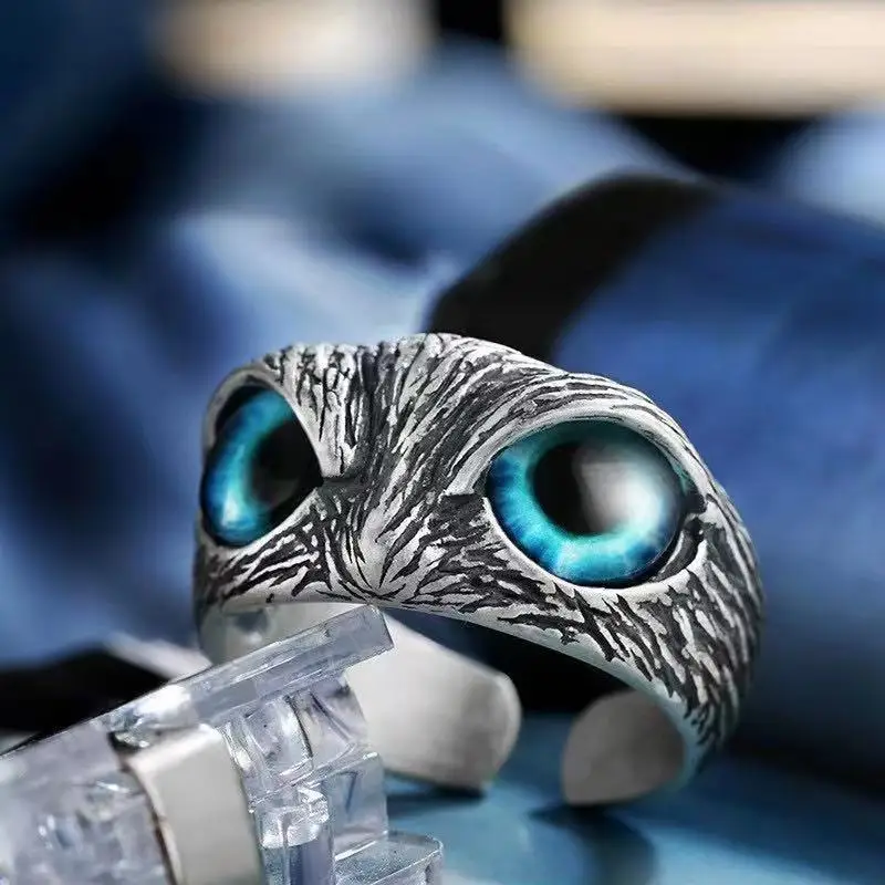 

Real 925 Sterling Silver Demon Eye Owl Ring For Women Girl Lovers Retro Animal Open Adjustable Ring Statement Ring Jewelry Gift