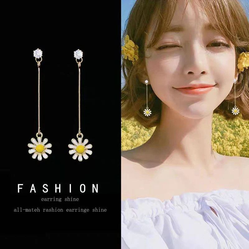 

New Korean Mid-length Sun Flower Earrings Ear Studs Exquisite Pendant Small Flowers Female Girls Ear Jewelry Gift