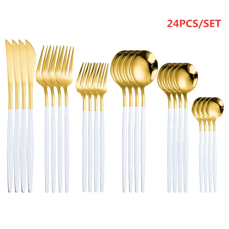 

White Gold Cutlery Set Gold Forks Spoons Knives Chopsticks Dinnerware Set Stainless Steel Flatware Silverware Kitchen Dinner Set