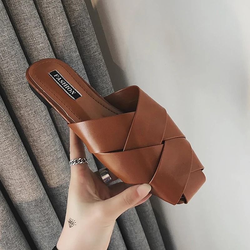 Женские уличные тапочки в Корейском стиле летние плетеные мюли на низком каблуке