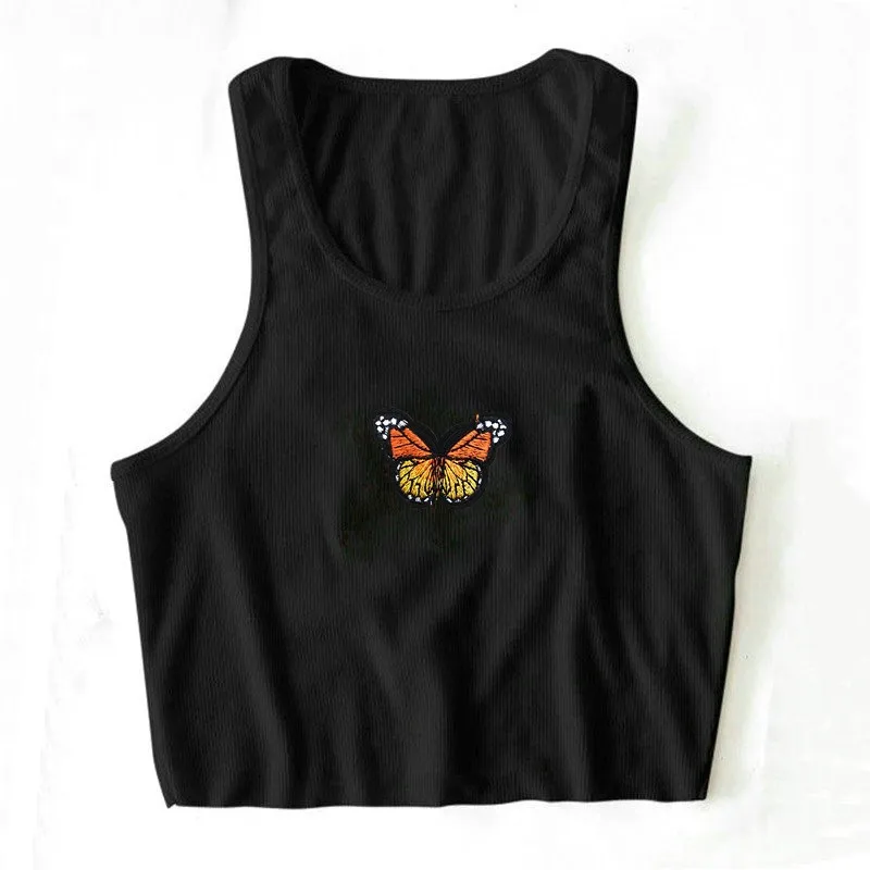 

Women Butterfly Embroidery Casual Tank Top Camisole White Sleeveless Crop Tops Ladies Summer Solid Basic Tees