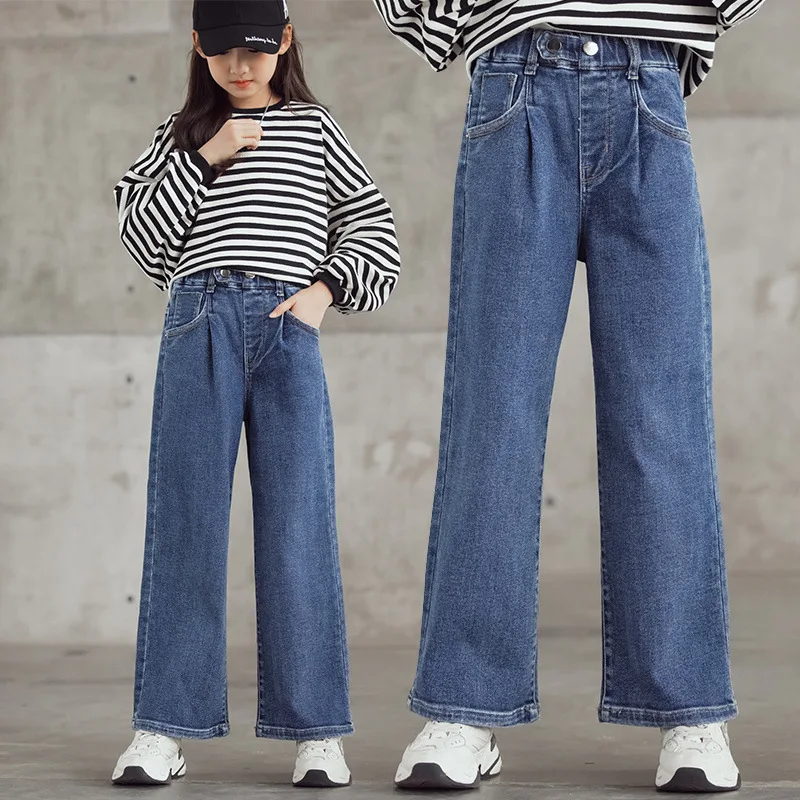 Girls Jeans 2022 Spring Loose Straight Wide-leg Pants Kids Trousers Jeans for Children 10 12 13 14 Years Blue High Waist Pants