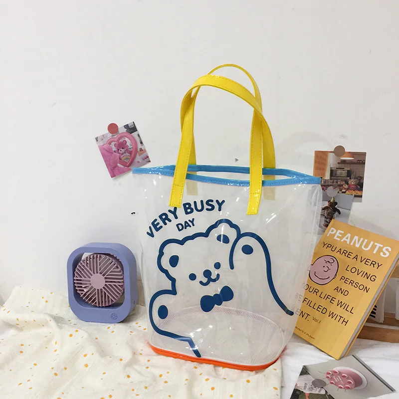 

Летние прозрачные сумки для женщин 2021, прозрачные многоразовые сумки-тоуты с милым мультяшным медведем, сумка для покупок, Повседневная Ули...