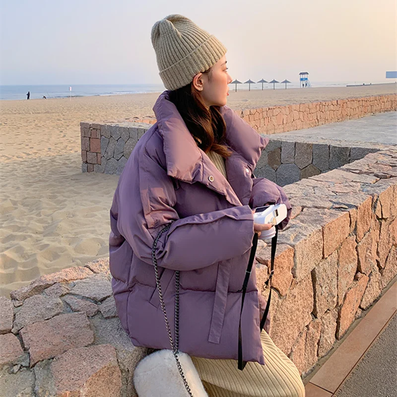 

Short Winter Jacket Women Korean Style Students Leisure Cotton-Padded Coat Stand Collar Bat Sleeve Double Breasted Outerwear