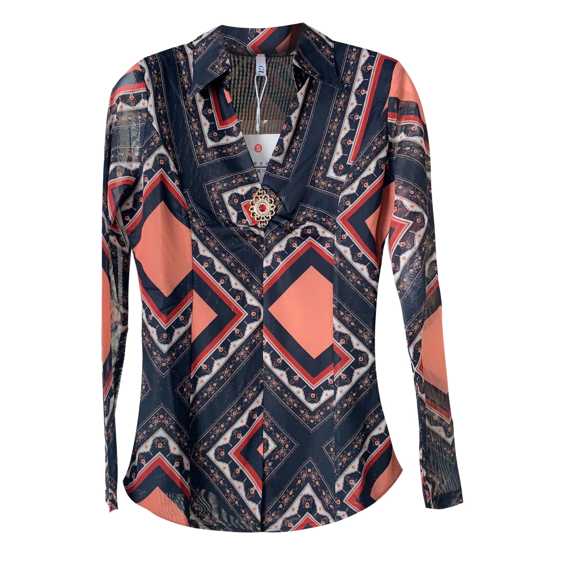 

Fashion Sexy V-Neck Diamonds Print Mesh Blouse Women Clothes 2020 New Spring Autumn Pullover Base Shirt Ropa Mujer Tops T02606