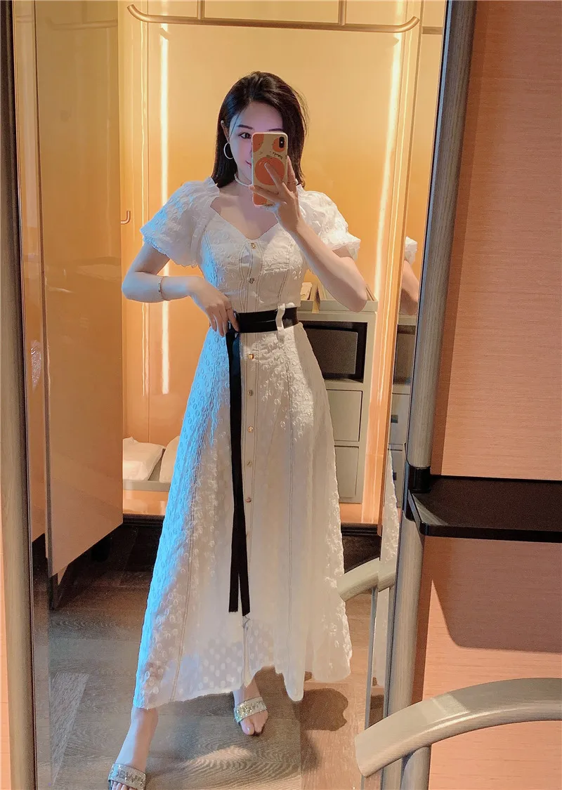 

White Chiffon Women V Neck Single-breasted Belt Long Dress 2020 Designer Summer Ladies Short Sleeve High Waist Runway Dresses