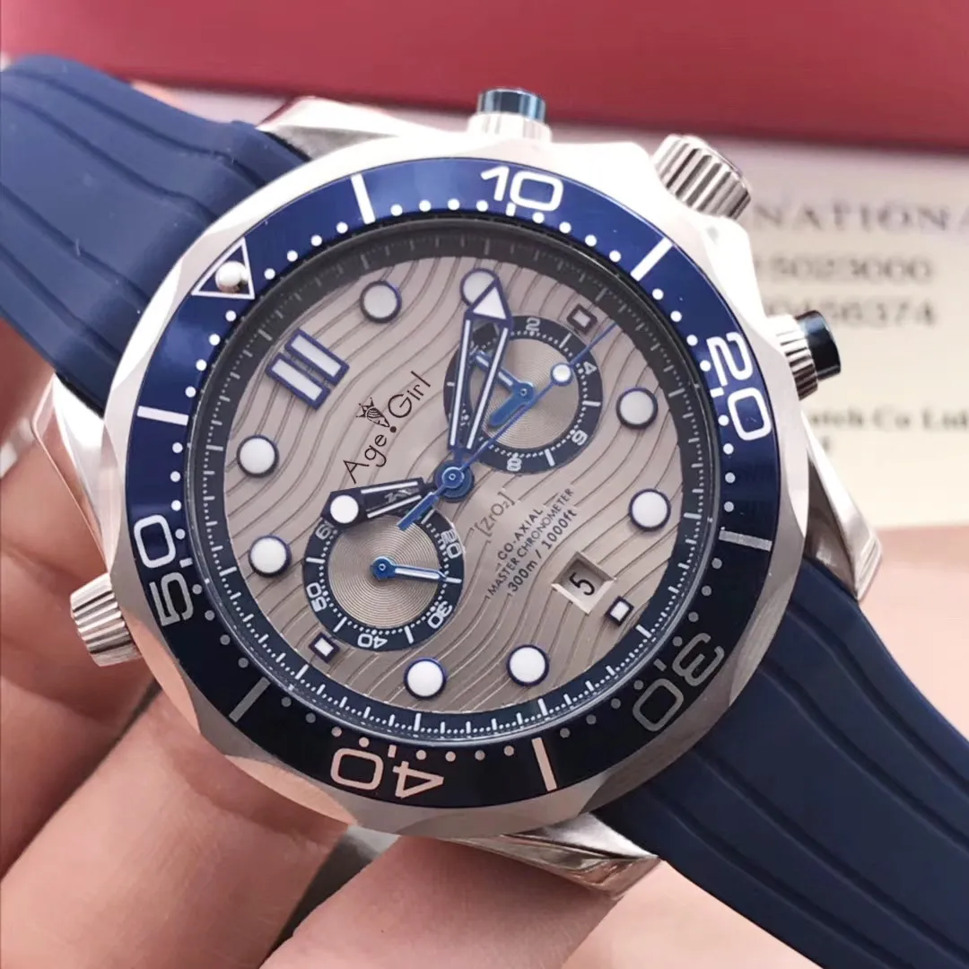 

Classic New Men Automatic Mechanical Watch Silver Blue Grey Dial James Bond 007 Rubber Ceramic Sapphire Master Watches 44MM