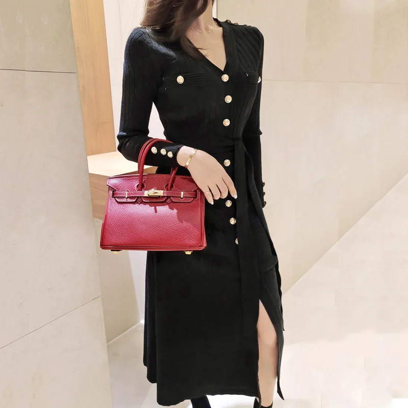 

Mozision Lace-up Knitted Dress For Women V Neck Single Breasted Full Sleeve Sweater Dresses Ladies 2021 Spring New Slim Vestidos