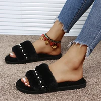 2022 winter indoor home women slippers open toe flat women shoes lovely pearl chain ladies slides female sandals house slippers