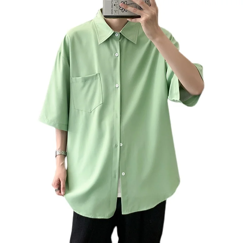 Summer Short Sleeve Shirt Men's Fashion Black Gray Green Casual Shirt Men Streetwear Korean Loose Pocket Dress Shirts Mens M-2XL
