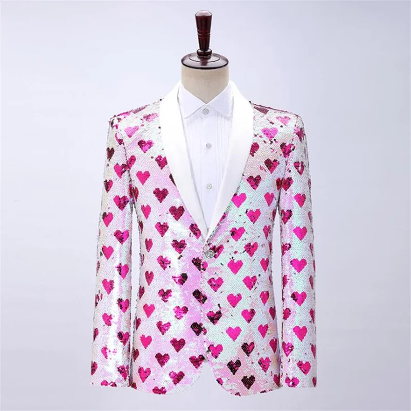 

Male sequined suit mens jacket ensembles homme green fruit collar love color-changing singer host dress single west pink