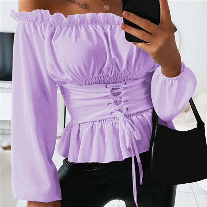 

Summer Sexy Women Tops Temperament Fashion One-word Shoulder Folds Ruffled Tops Solid Color Long Sleeve Tops For Woman
