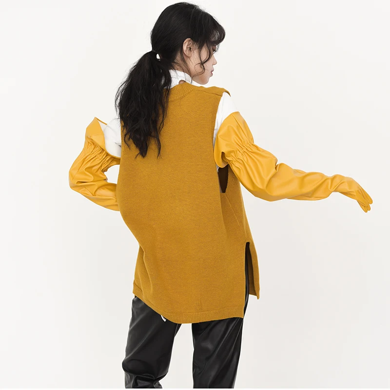 

[EAM] Women Lantern Sleeve Yellow Long Gloves New Pu Leather Personality Fashion Tide All-match 2019 Autumn Winter 1DC97707