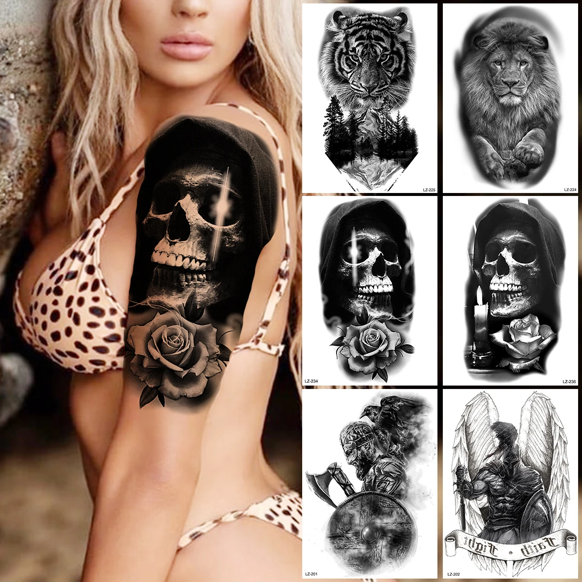 

Black Skull Skeleton Rose Flower Temporary Tattoos For Women Adults Tiger Lion Forest Knight Fake Tattoo Sticker Arm Scary Tatoo