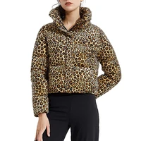 2021 leopard print stitching long sleeve pocket zipper cotton padded jacket womens streetwear stand up collar casual bread wear