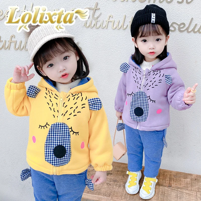 

kids 0-6year winter cute warm hoodie set for little girls toddler thick plush hooded sweartshirt tracksuit baby children clothes