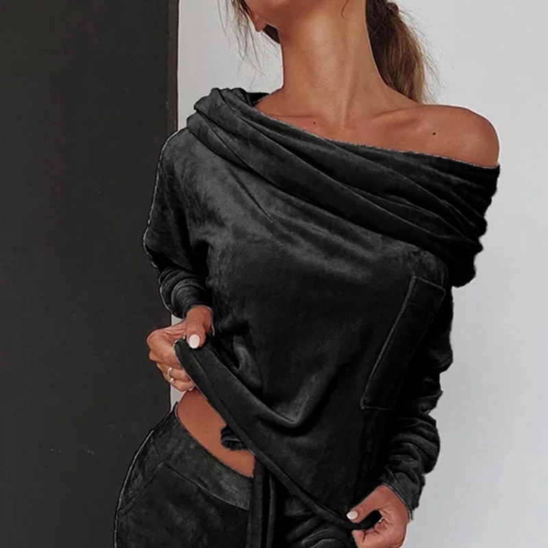 

Winter Velvet Tracksuit Sets For Woman 2020 Autumn Two Piece Pants Sets Sexy Off Shoulder Long Sleeve Tops Elastic Waist Pants