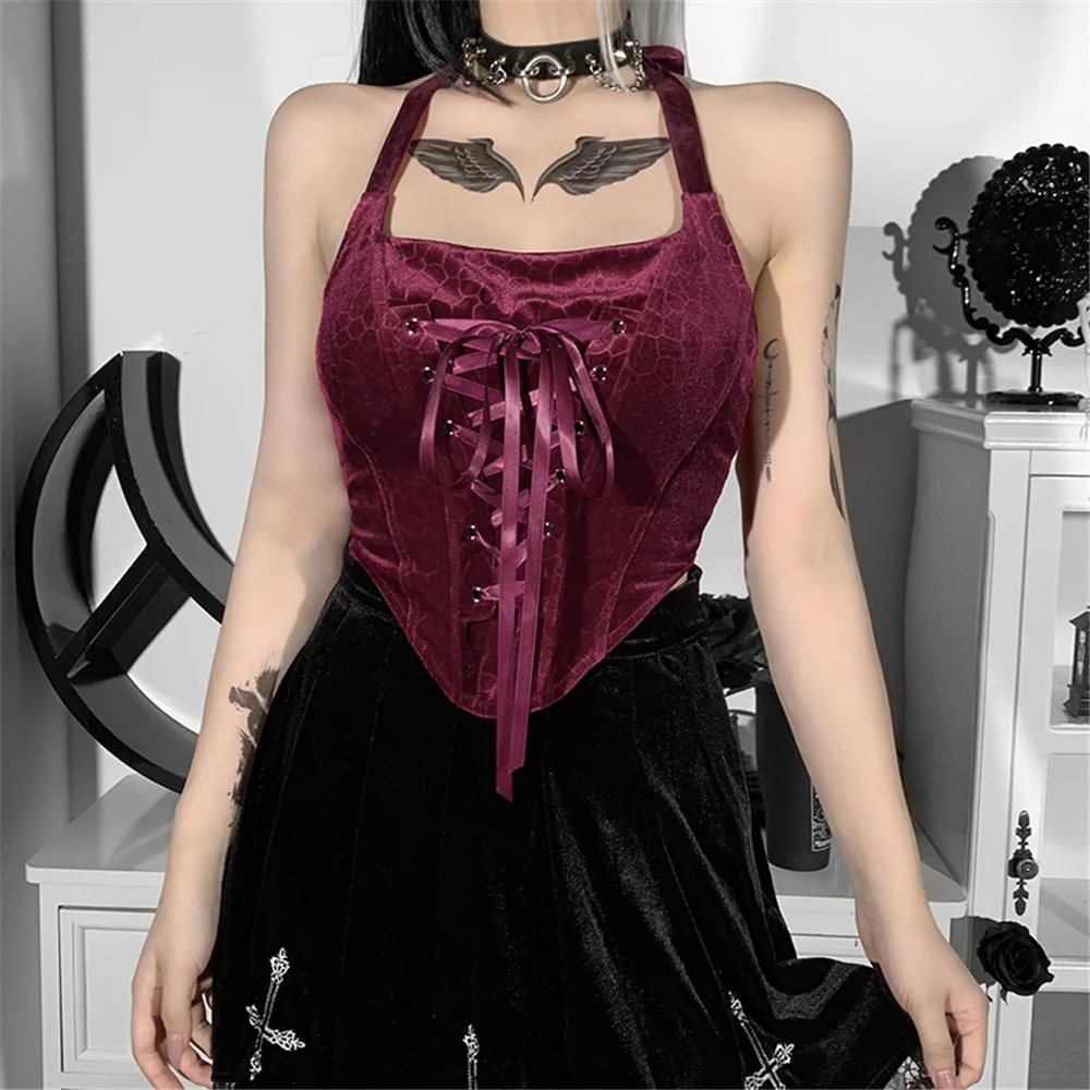 

Sexy Gothic Women Claret Velvet Cropped Top Solid Color Strap Tie-Up Slim Fit Camis Sleeveless Tops Summer Female Clothes Tanks