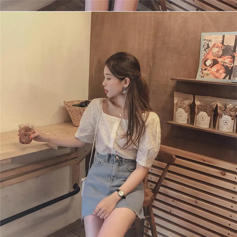 Новая квадратная кружевная рубашка с вышивкой летние женские топы повседневные