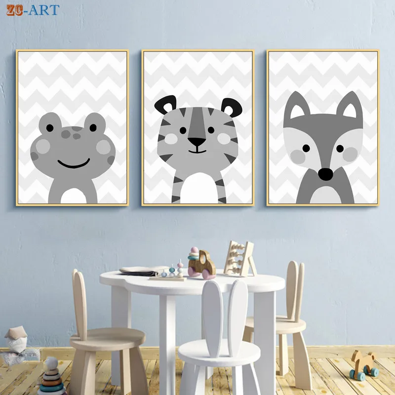 Тигр лиса лягушка с милыми принтами картина рисунком животных Черный и белый