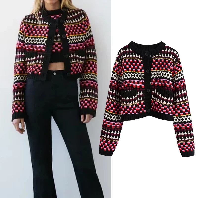 

Za Women Fashion Loose Jacquard Knit Cardigan Sweater Vintage Long Sleeve Button-up Female Causal Outerwear Chic Coat Top Jacket