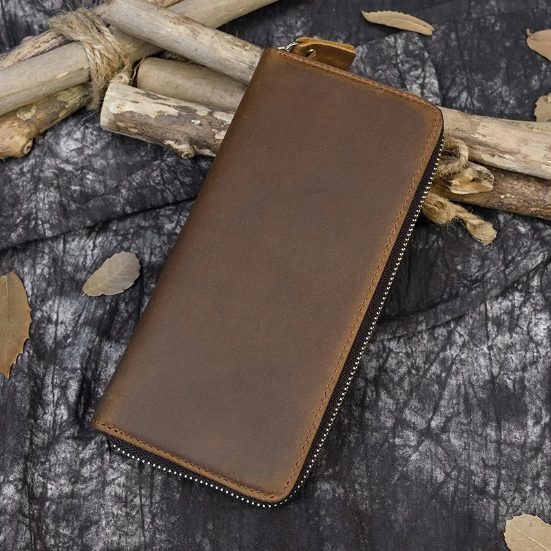 

MAHEU Hot Fashion Genuine Leather Men Women Long Wallet Business Card Bills Slim Single Zipper Long Purse With Inner Compartment