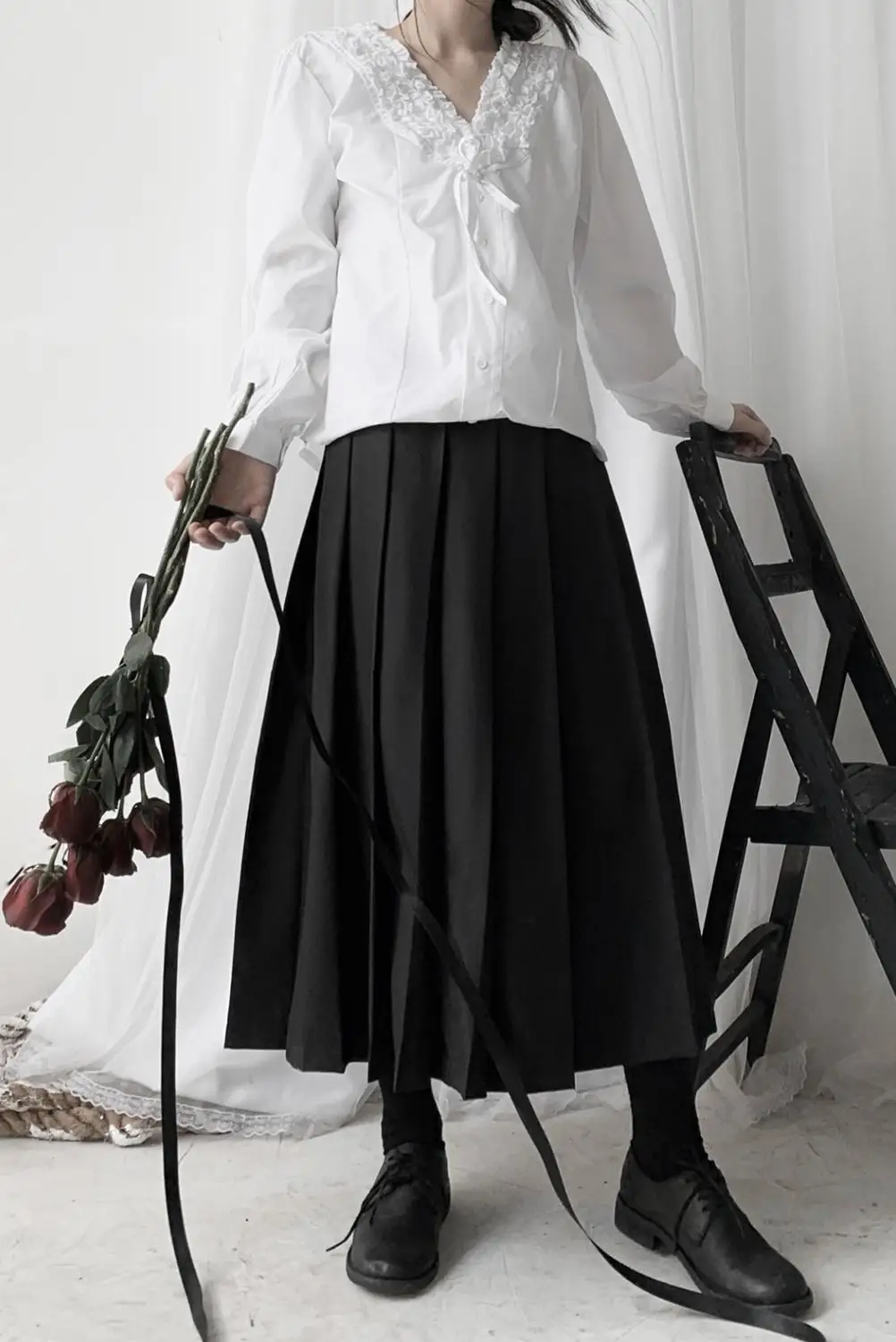 Fangpai Dark Yamamoto Retro Woman half-length pleated dark loose with solid color pleated skirt