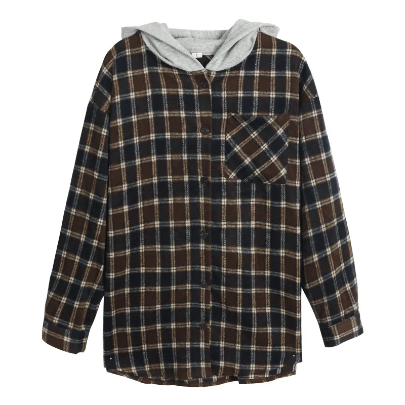 

Fashion Autumn woman Plaid Hooded shirt Coat Women's Long Sleeve Cardigan Casual Jacket Blouse feminino womens clothes