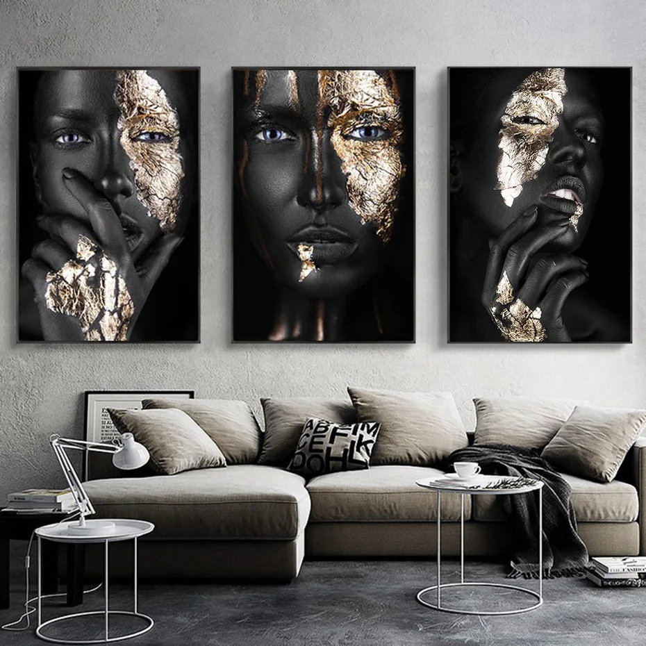 

Wall Pictures Black and Gold Woman Canvas Prints African Art Light Luxury Painting Modern Living Room Bedroom Vogue Poster Decor