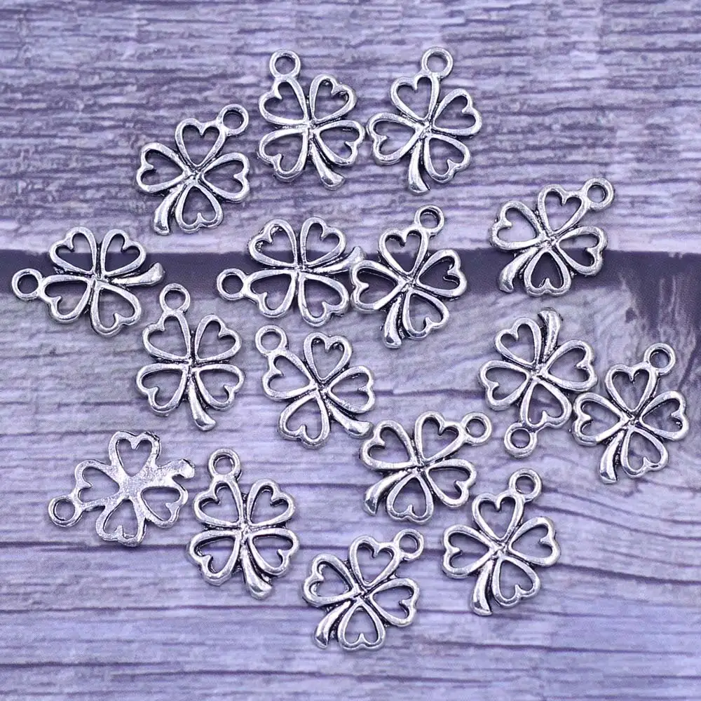 

40Pcs Pendants Four Leaf Clover Luck Plant Metal Silver Tone For Charms Necklaces Craft Jewelry DIY Findings 17mm