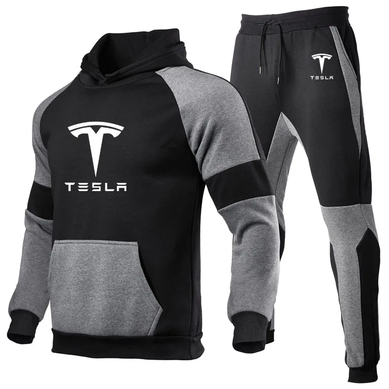 

Hoodies Men Tesla Car Logo Mens Hoodies printing cotton spring autumn high quality Pure cotton Mens Jacket+Pants 2Pcs Sets