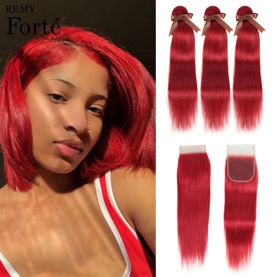 Remy Forte Straight Hair Bundles With Closure Red Bundles With Closure Peruvian Hair Weave Bundles 3/4 Bundles With Closure