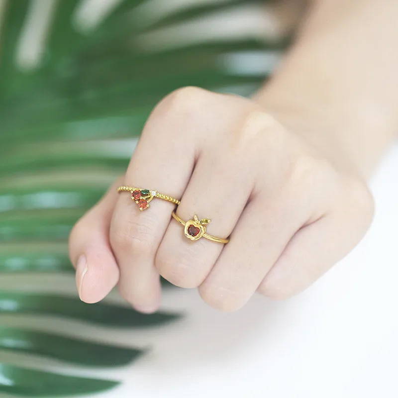 

ROMAD Dainty Red Purple Crystal Zircon Fruit Adjustable Rings For Women Summer Style Cherry Apple Grape Strawberry Opening Rings