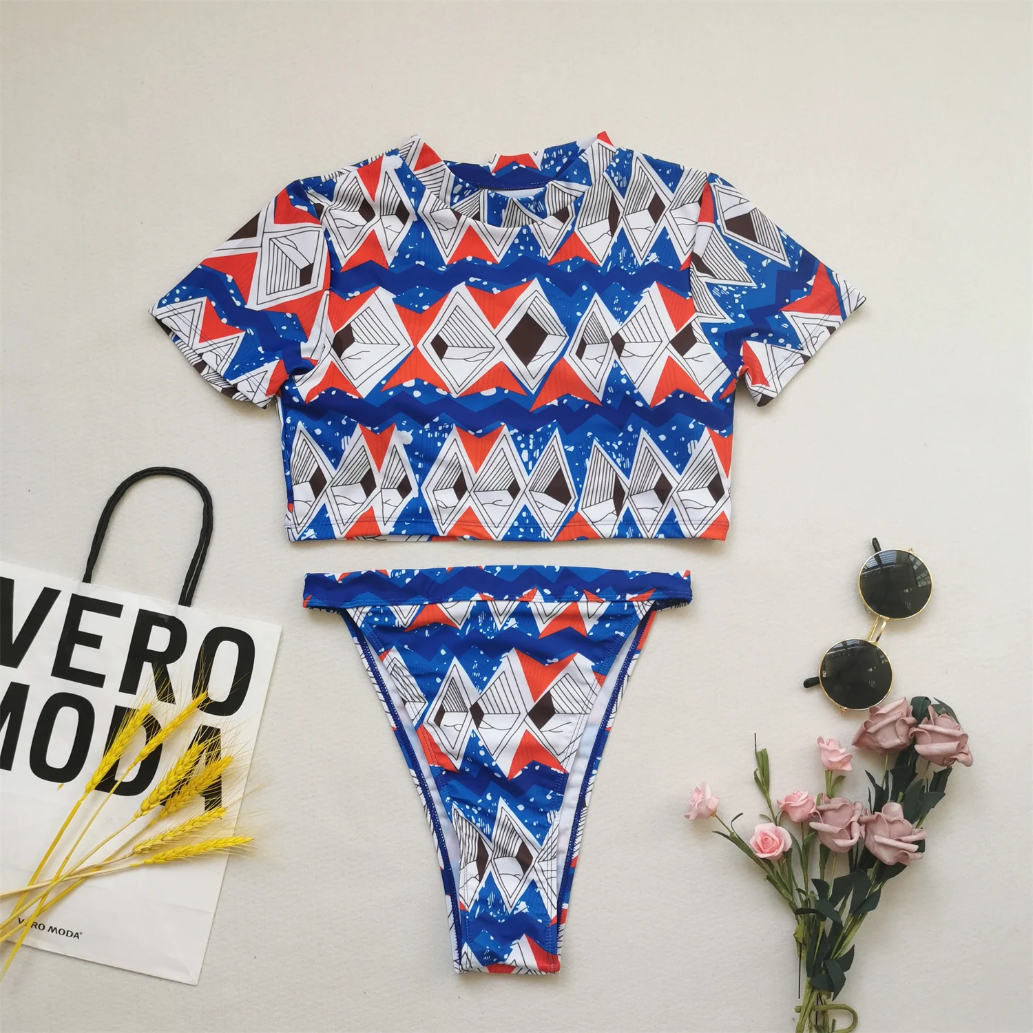 

2021 New Leaves Printed High Waist Two Pieces Bikini Set Swimsuit Female Women Beachwear Swimwear Bather Bathing Suit