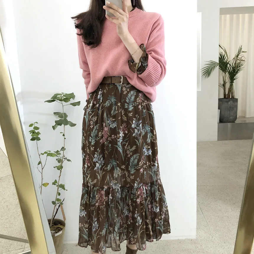 

VICONE chic Printed slim pleated dress long sleeves ruffles flower printting dating dress skinny waist ruffle hem pleated dress