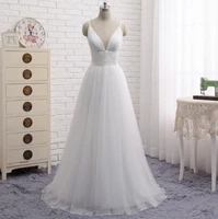 2021049 simple elegant sleeveless spaghetti straps a line v neck backless sweep train wedding gown bride dress vestidos de novia