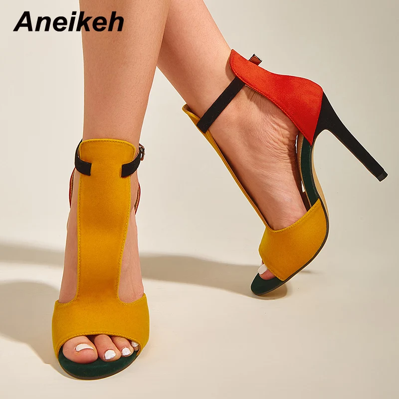 

Aneikeh 2022 Новинка летние разноцветные женские туфли из флока с пряжкой модные туфли на тонком каблуке Размеры 35-41