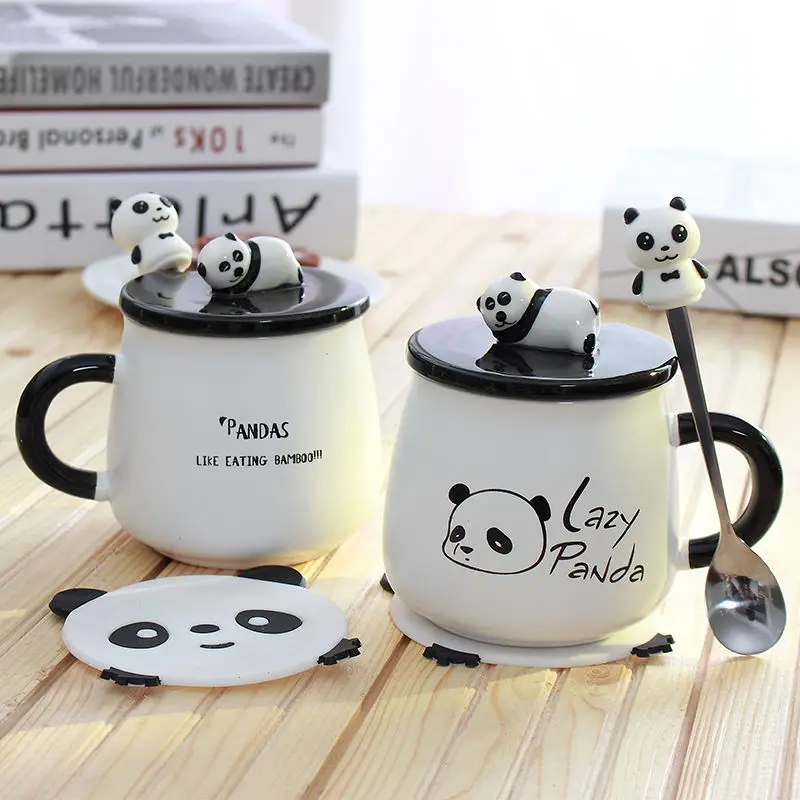 

Кружка «панда» для кофе, чашка для завтрака, большая емкость, стакан для воды, чашка для молока с ложкой, кофейная чашка, креативная мультяшная керамическая чашка с крышкой