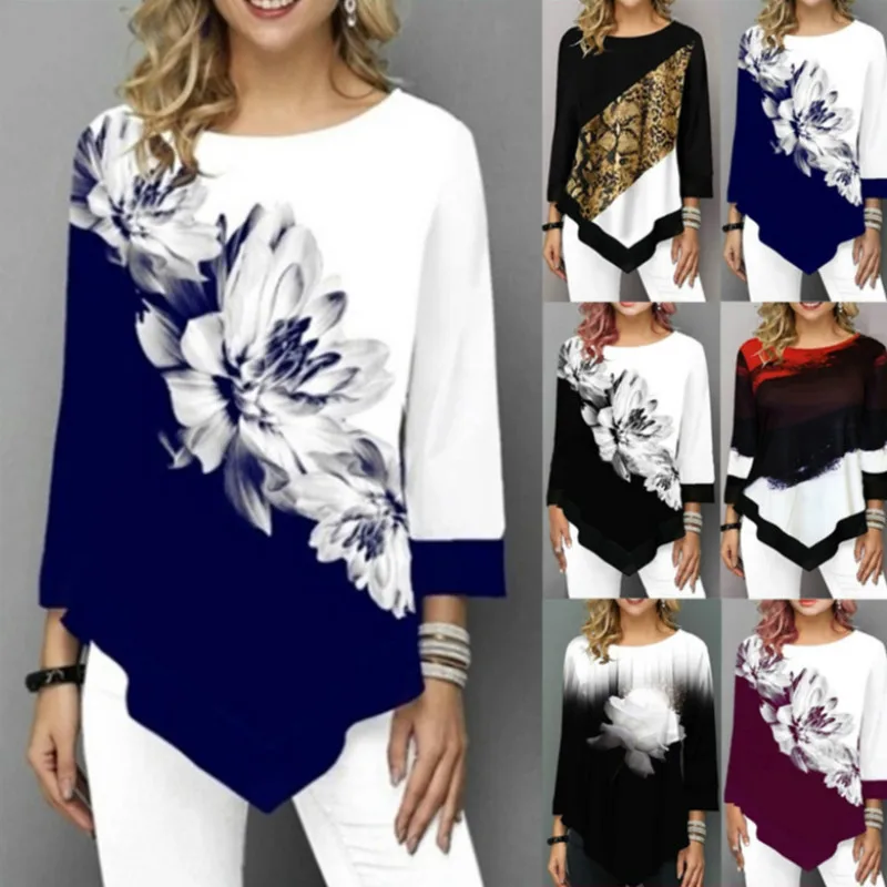 

Spring Autumn 3/4 Sleeve Print T-Shirts Irregular Women Clothing Fashion Casual Plus Size Loose Pullovers Tee Shirt Femme
