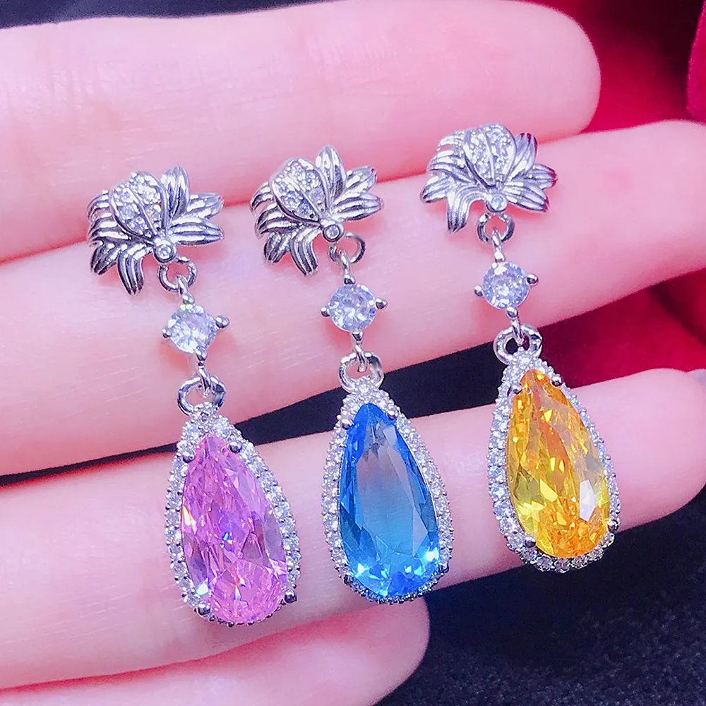 

Lotus Flower Blue Pink Crystal Topaz Quartz Gemstones Diamond Dangle Drop Earrings for Women White Gold 925 Silver Color Jewelry