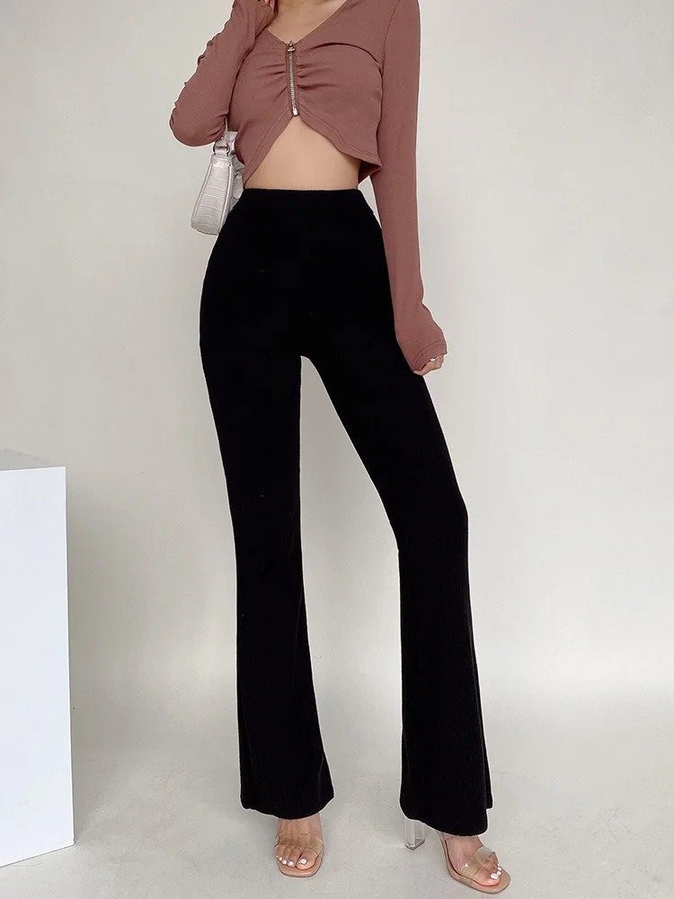 

WOMENGAGA US Hot Sexy Girl Female High Elastic Knitted Skinny Flared Pants For Women Trousers Korean Autumn High Waist AHU1